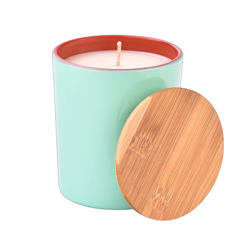 Custom nordic large flat bottom inside purple outside blue glass candle holder with wooden lids
