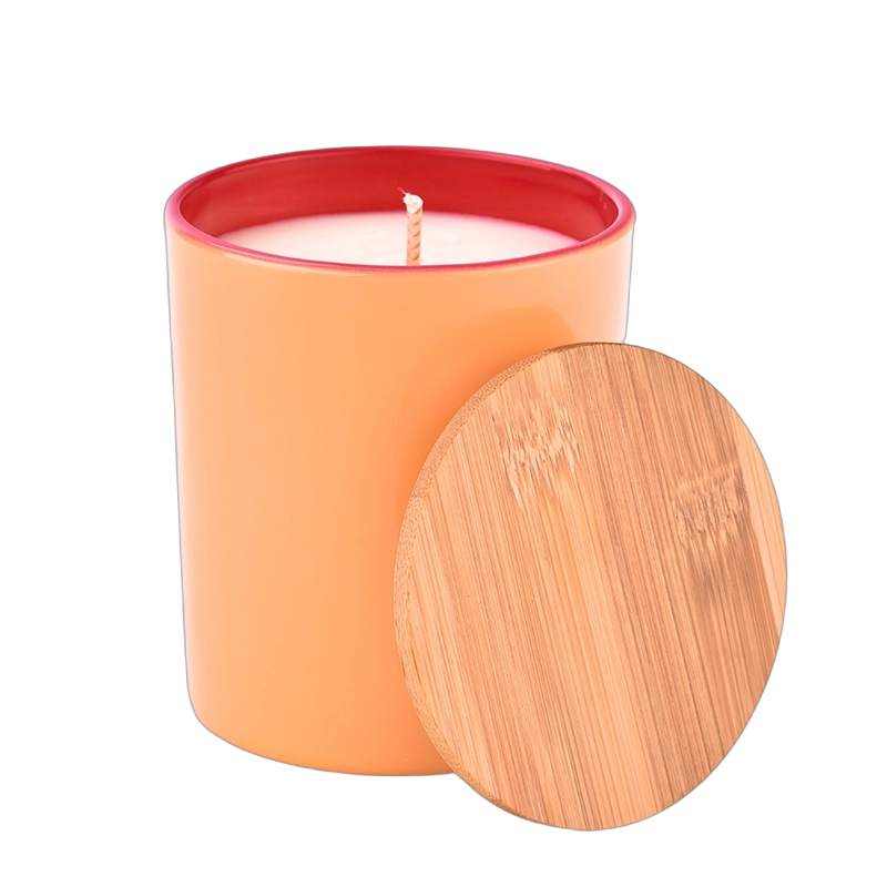 Custom nordic large flat bottom inside purple outside blue glass candle holder with wooden lids