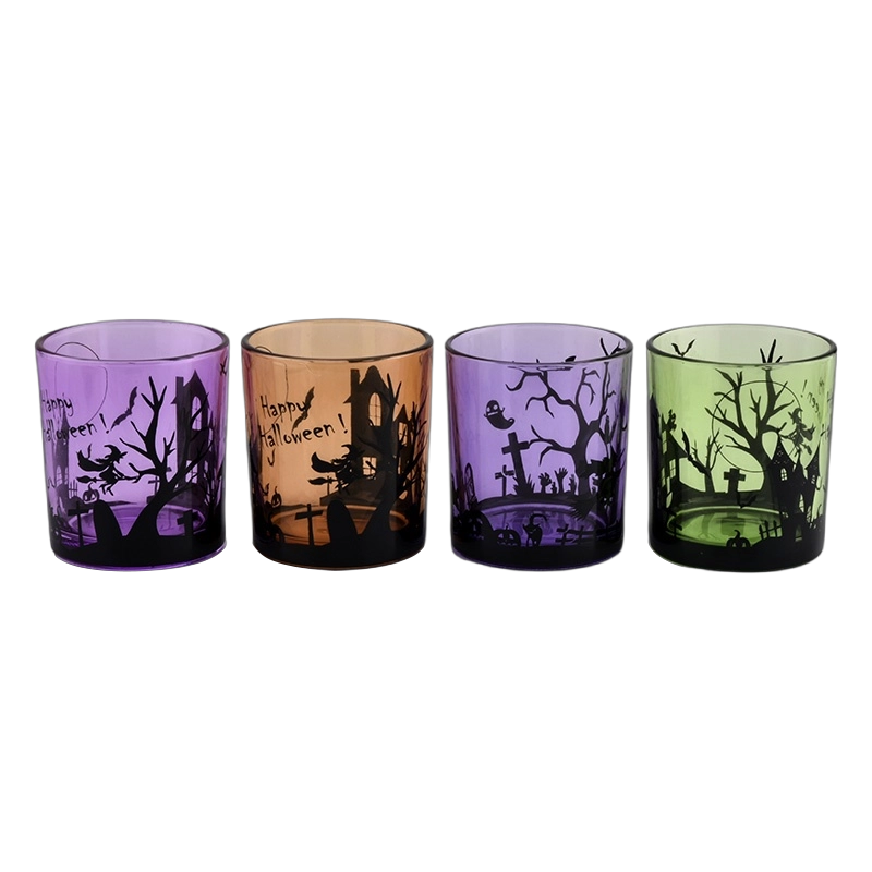 Manufacturers direct custom purple halloween graffiti decorated empty glass candle jars Manufacturers direct custom purple halloween graffiti decorated empty glass candle jars