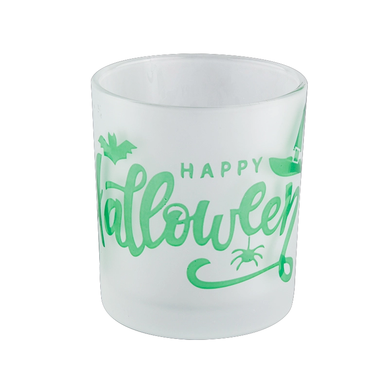 Custom frosted yellow pumpkin Halloween pattern glass candle jar candle holder decoration