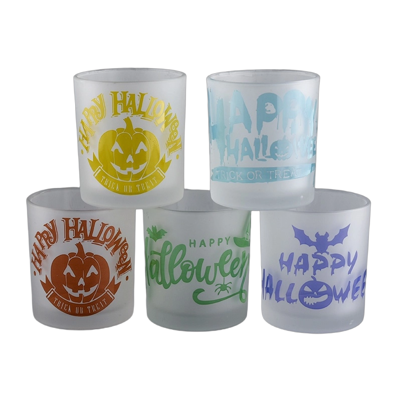 Custom frosted yellow pumpkin Halloween pattern glass candle jar candle holder decoration
