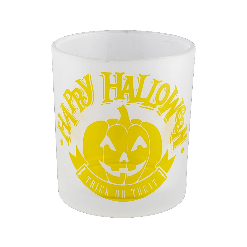 Custom frosted yellow pumpkin Halloween pattern glass candle jar candle holder decoration