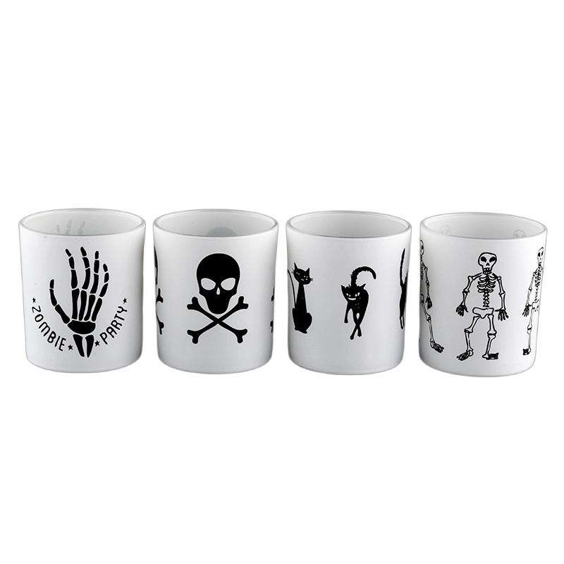 Factory direct Halloween white frosted glass candle jar with black skull man graffiti pattern