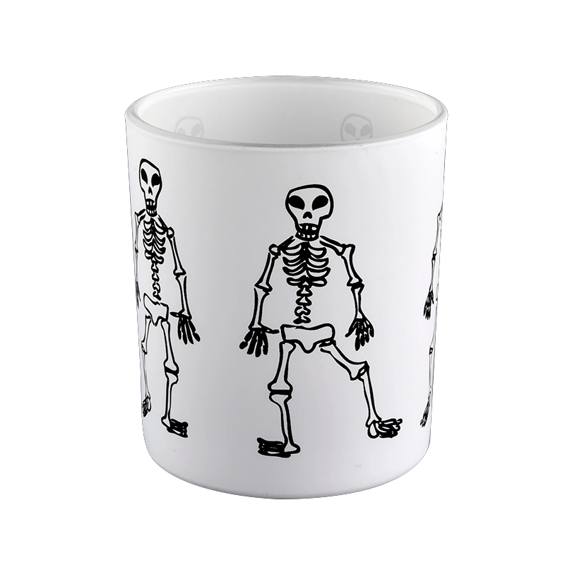 Factory direct Halloween white frosted glass candle jar with black skull man graffiti pattern