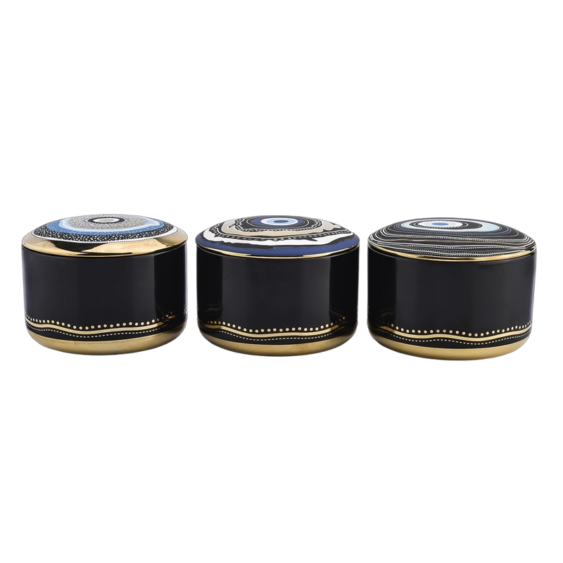 Wholesale black gold enamel pattern ceramic candle jars with lids Wholesale black gold enamel pattern ceramic candle jars with lids