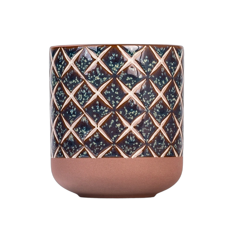 Wholesale Bulk Blue Lattice Ceramic Candle Jars with Terracotta Rim