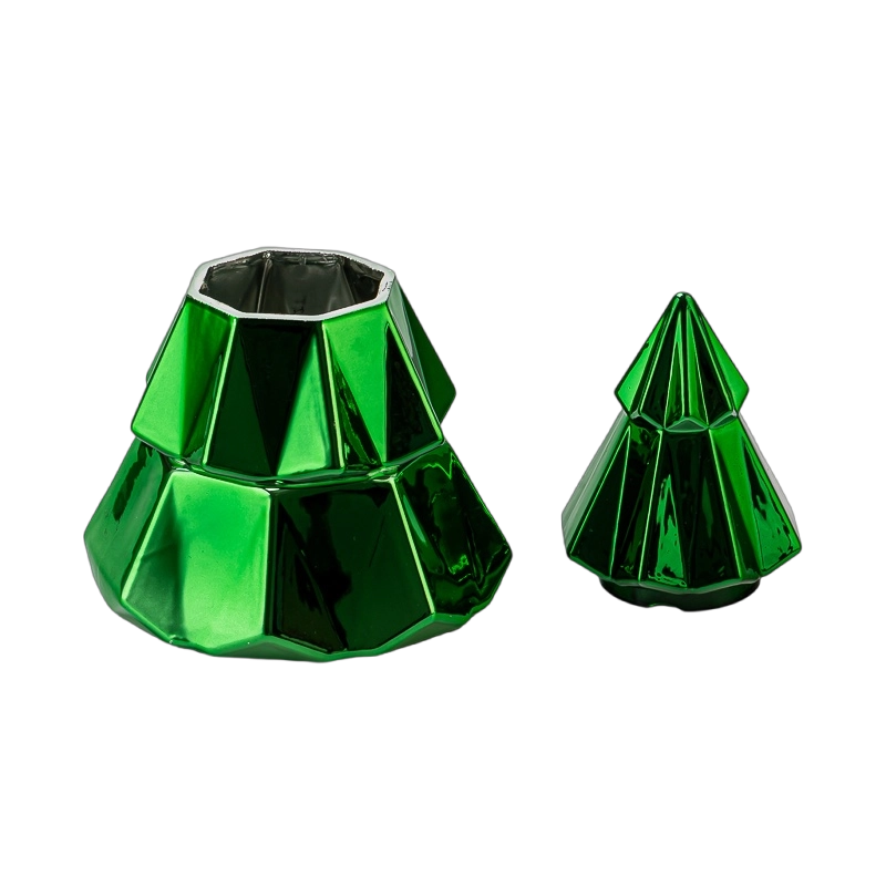 Green electroplated metal finished glass candle jars tree shape jars with lids for Christmas