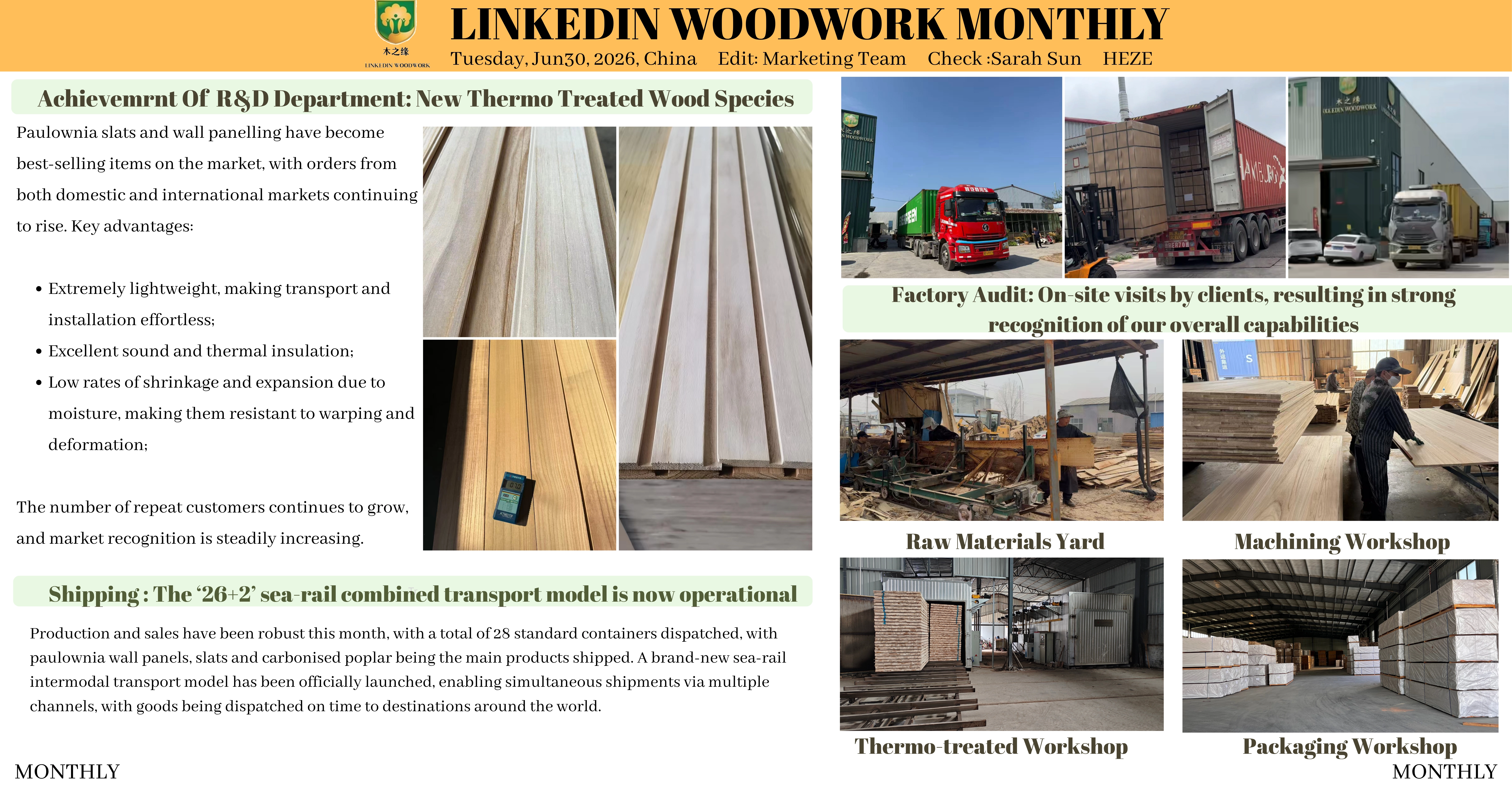 Miesięczny raport Linkedin Woodwork z czerwca 2026 r.: rosnąca sprzedaż, nowa logistyka morsko-kolejowa i globalny przełom w produkcie Paulownia Miesięczny raport Linkedin Woodwork z czerwca 2026 r.: rosnąca sprzedaż, nowa logistyka morsko-kolejowa i globalny przełom w produkcie Paulownia