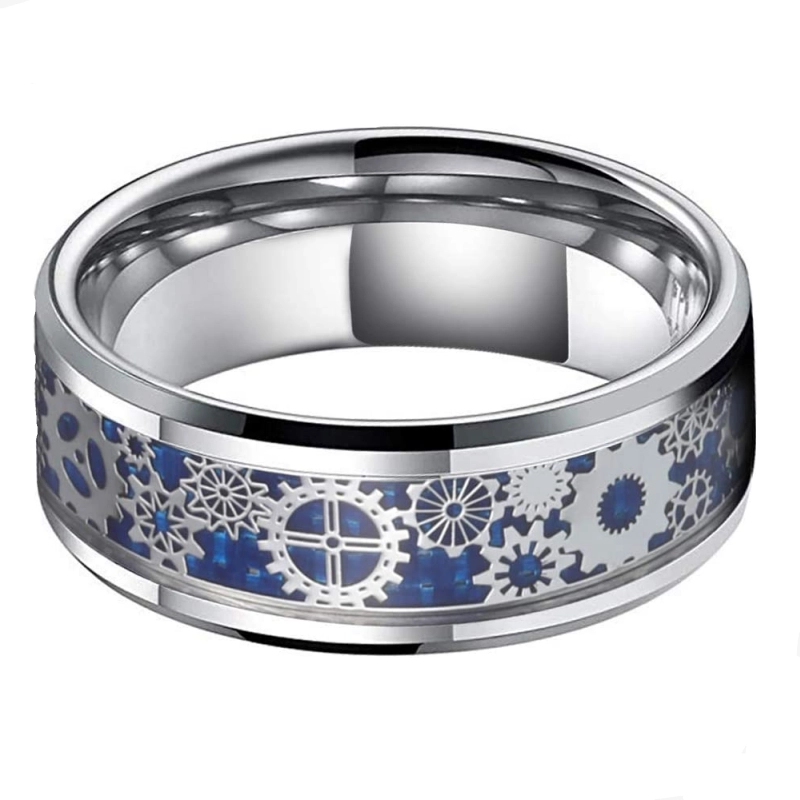 Beliebte 8mm Männer Flache hochglanzpolierte Wolframkarbid Ring Satin Blaue Kohlefaser und Silbergetriebe Inlay China Hersteller