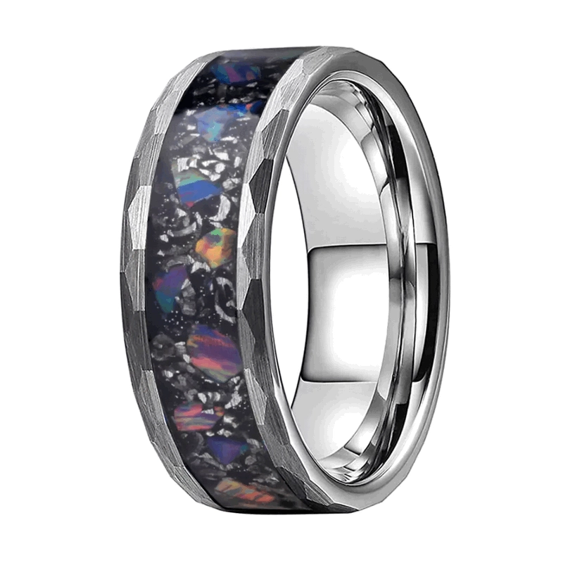 Bester Wolframkarbid-Ring für Männer Gehämmerter Wolframkarbid-Ring für Männer mit Intarsien aus echtem lila Opal-Metallchip China Factory