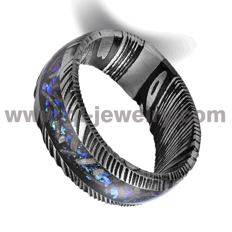 Neuestes Design The Galaxy Black Damaskus Steel Wedding Bands 8MM gewölbter schwarzer Damaskus Steel Ring mit Nebel und Folieneinlage China Factory