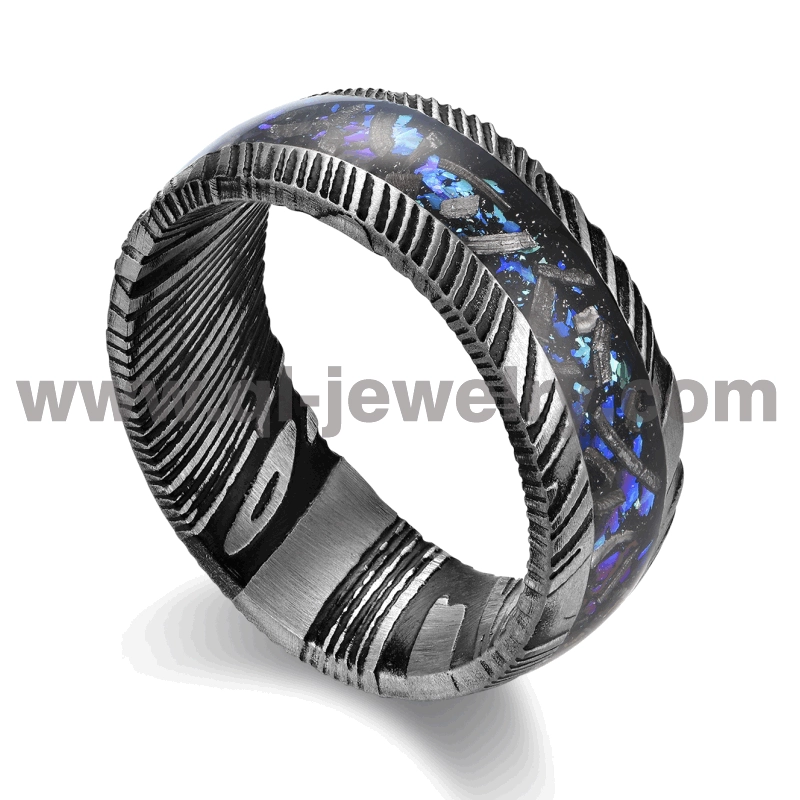Neuestes Design The Galaxy Black Damaskus Steel Wedding Bands 8MM gewölbter schwarzer Damaskus Steel Ring mit Nebel und Folieneinlage China Factory