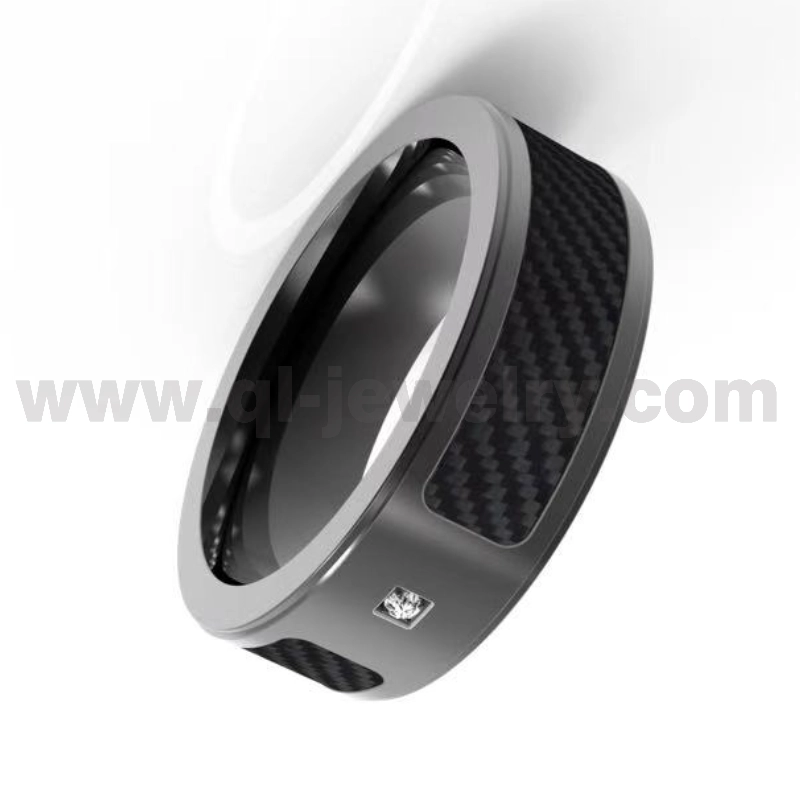 Anello in titanio nero piatto da 8 mm con fibra di carbonio nera e fabbrica cinese di pietra 1CZ