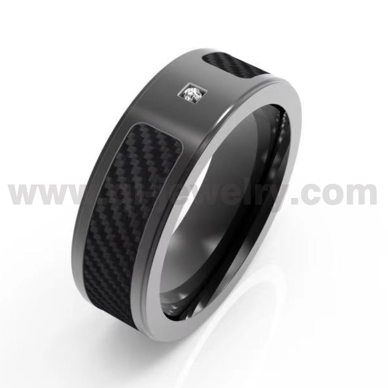 Anello in titanio nero piatto da 8 mm con fibra di carbonio nera e fabbrica cinese di pietra 1CZ