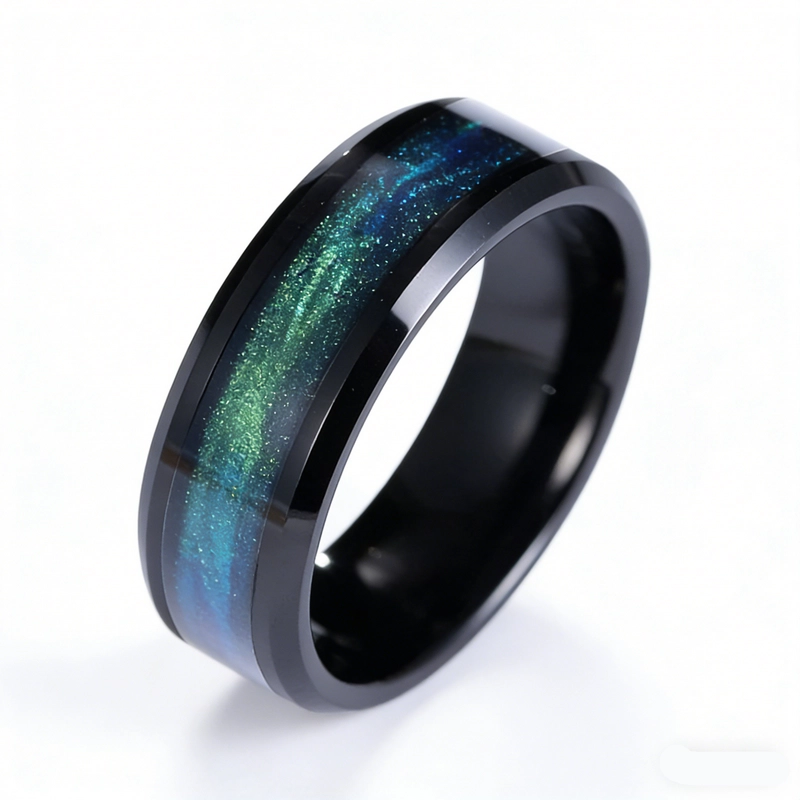 Exquisiter 8 mm schwarzer Wolfram-Ehering mit blaugrüner Steineinlage mit Farbverlauf für Großbestellung