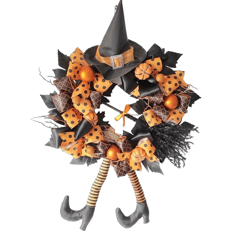 porcelana Corona de Halloween Senmasine de 24 pulgadas con patas de bruja, lazos naranjas, adornos de calabaza, escoba con purpurina, decoración para puerta delantera colgante fabricante