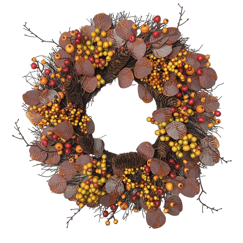 porcelana Senmasine-corona de otoño de eucalipto Artificial, 22 pulgadas, con bayas rojas, piña, decoración colgante para cosecha de otoño fabricante