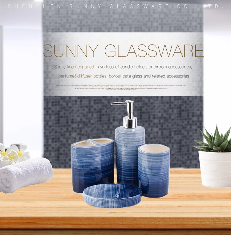 blue ceramic bathroom accessories tumbler soap dish toothbrush holder lotion dispenser