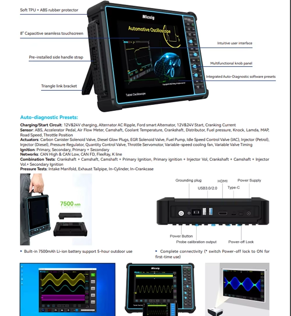 Micsig SATO1004/SATO2002 راسم الذبذبات الرقمي للسيارات محمول 2/4CH 100/200MHz 1GSa/S معدل العينة زر اللمس اللوحي التيار المتناوب USB