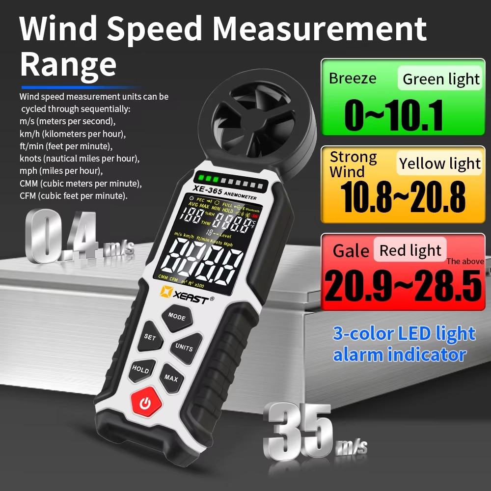 Anemometro digitale portatile professionale XE-365 con termometro a paletta che misura la velocità del vento e la temperatura in tutto il mondo
