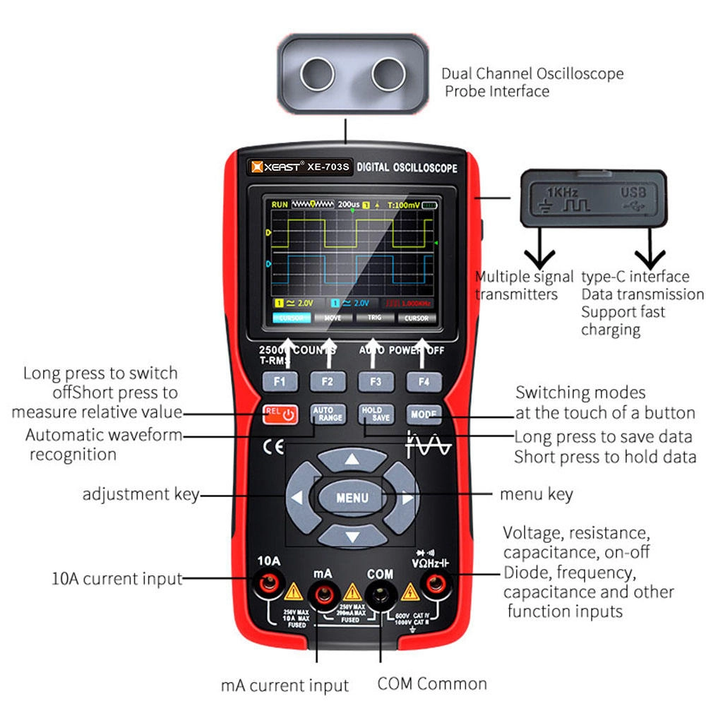 XEAST XE-703S 2-Channels 50MHz Oscilloscope 280MS Sampling Rate 3 1 Signal Generator Multimeter