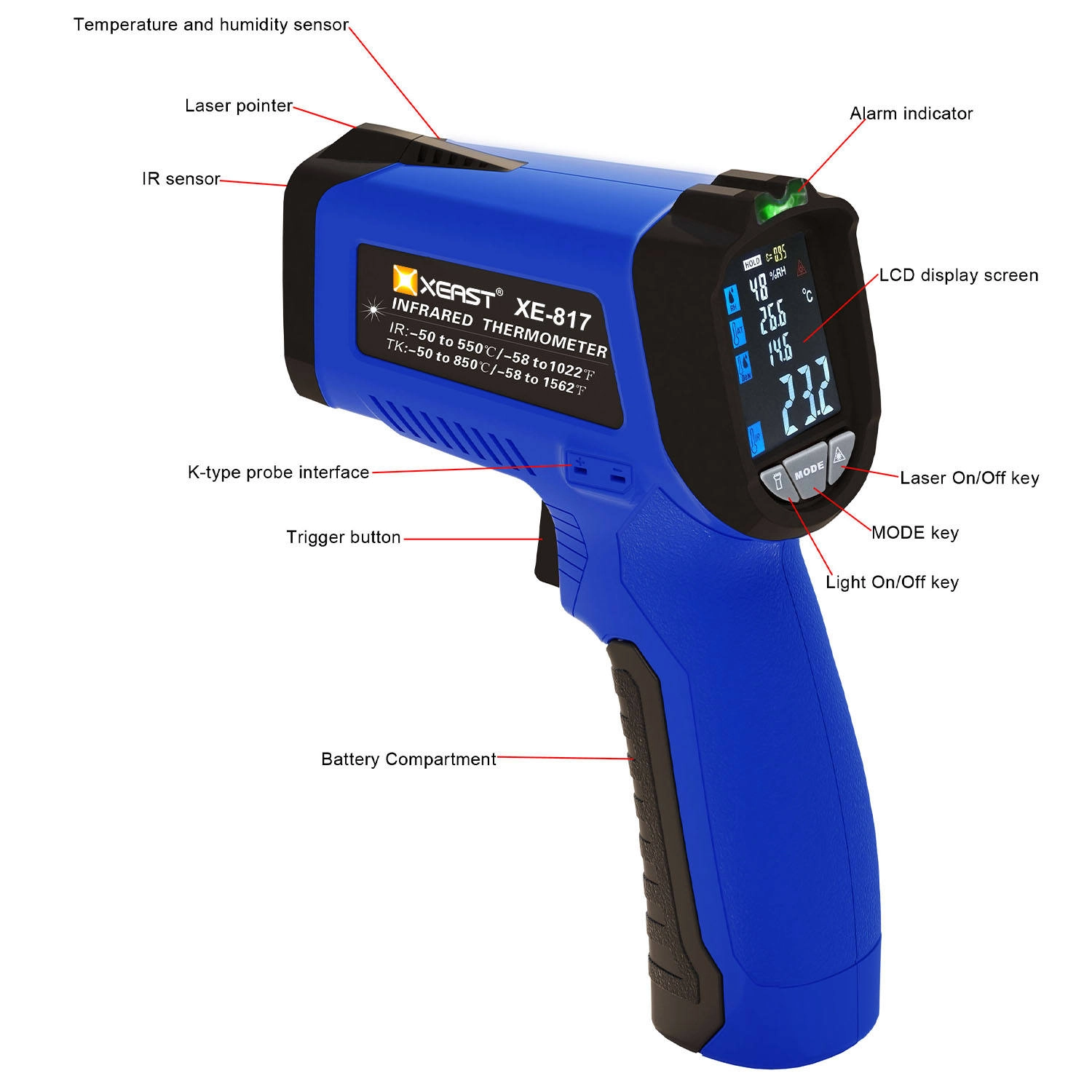 XE-817 Hot-Selling 6 1 LCD Display Infrared Thermometer Backlight Plastic Material Temperature Humidity Meter OEM Customizable