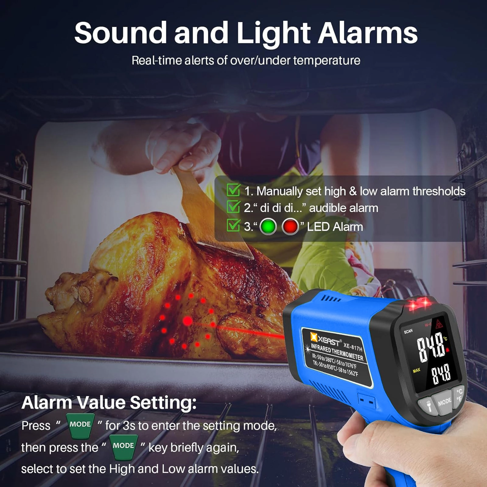 XEAST XE-817H Multifunction Infrared Thermometer K-Type Surface Temperature 2-1 Cooking Pizza Oven Grill Laser Testing Plastic