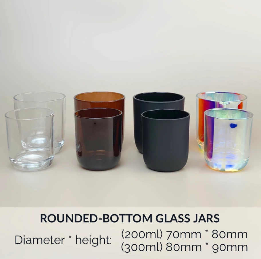 Round bottom glass candle jars and containers with wax