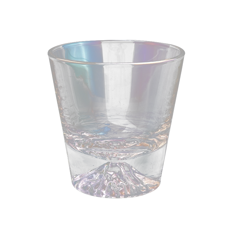 irridescent V shaped glass candle jars with mountain design