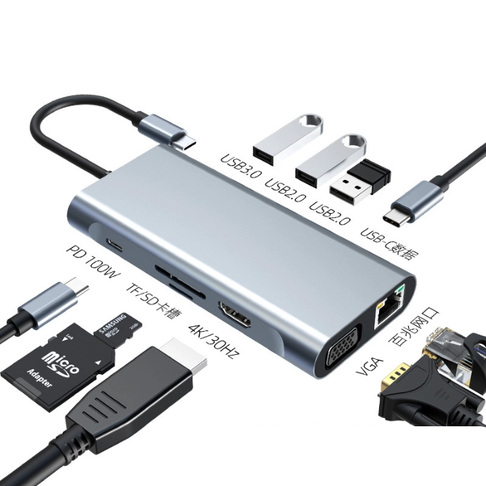 Cina Docking station hub USB-C 10 in 1 | PD da 100 W, HDMI 4K, RJ45, USB 3.0, SD/TF, audio | Produttore di mozzi OEM/ODM di tipo C produttore