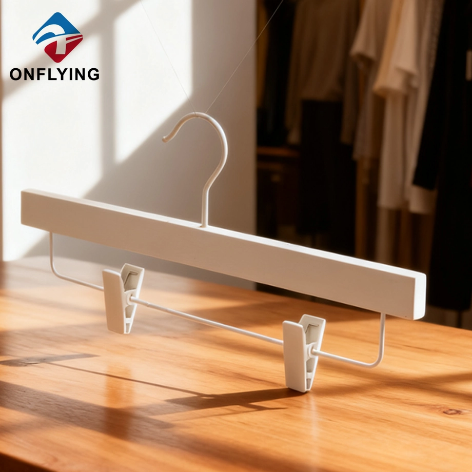 Hot Selling Custom Logo White Clips Wood Pants Hanger China Manufacturer