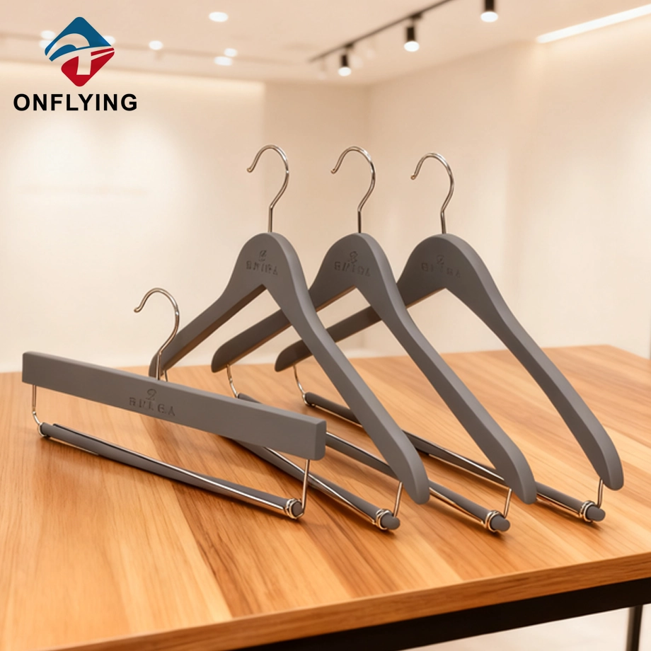 Custom With Metal Bar Gray Wood Shirt Pants Set Hangers China Factory