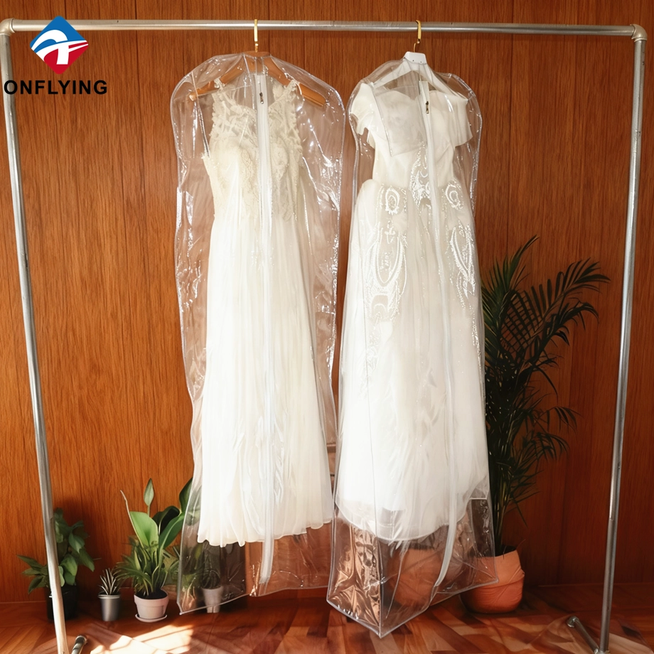 Sacos de vestuário dobráveis de alta qualidade para vestidos de casamento com zíperes Sacos de vestuário de PVC transparentes e transparentes Fábrica China