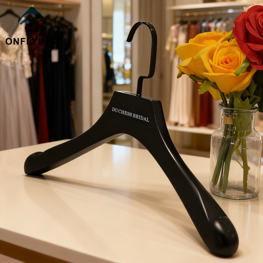 Durable Custom White Logo Black Swivel Hook Coat Wooden Hanger China Factory