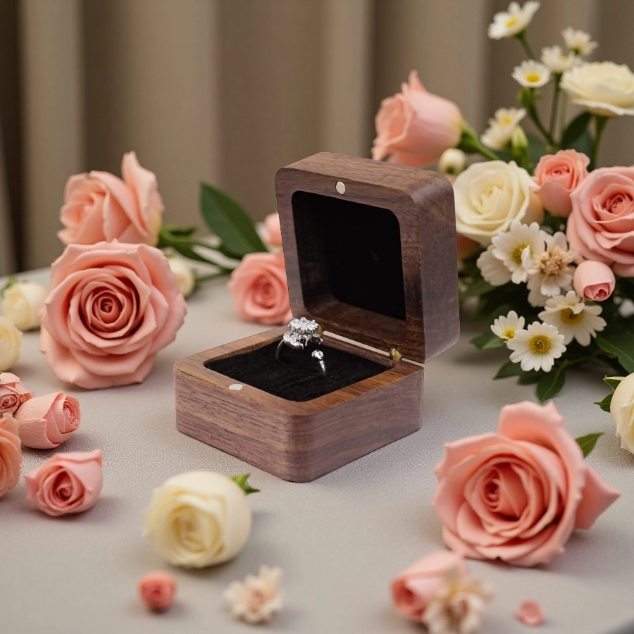 Kotak cincin kayu yang diperibadikan borong, kotak pemegang cincin persegi dengan slot tunggal