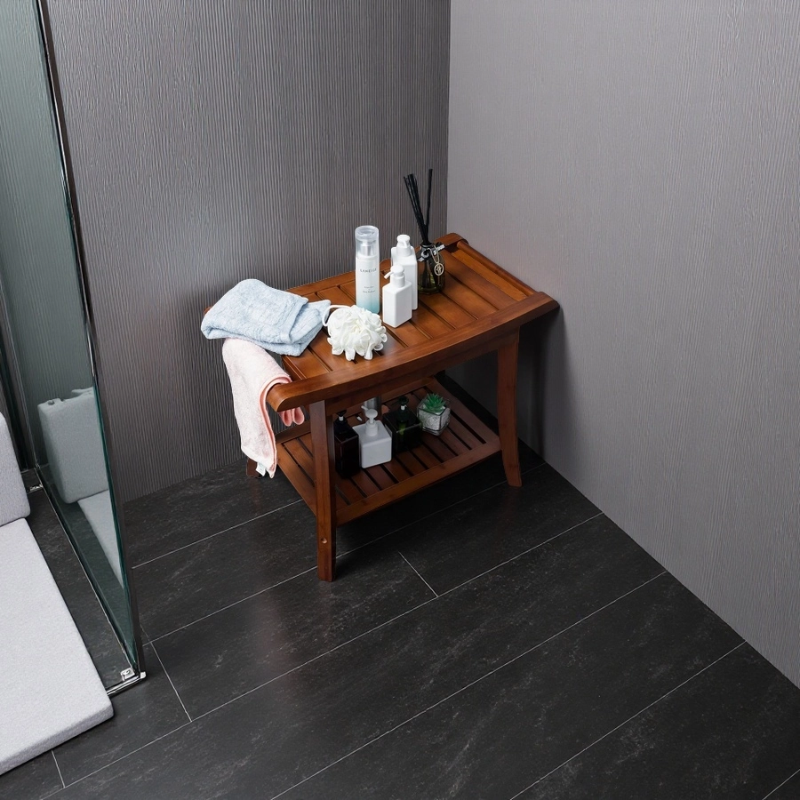 Tabouret de banc de douche en gros bambou avec étagère de rangement pour intérieur
