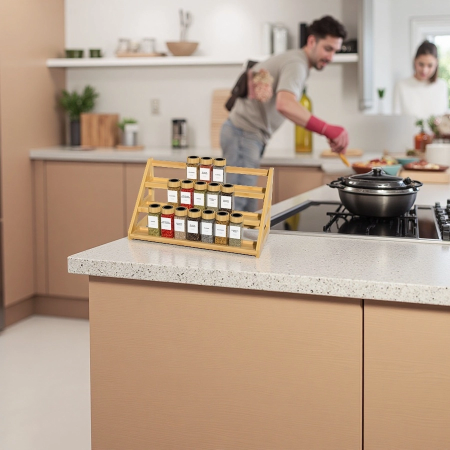 Custom Bamboo Tiered Rack Rack Kitchen เคาน์เตอร์เครื่องเทศ