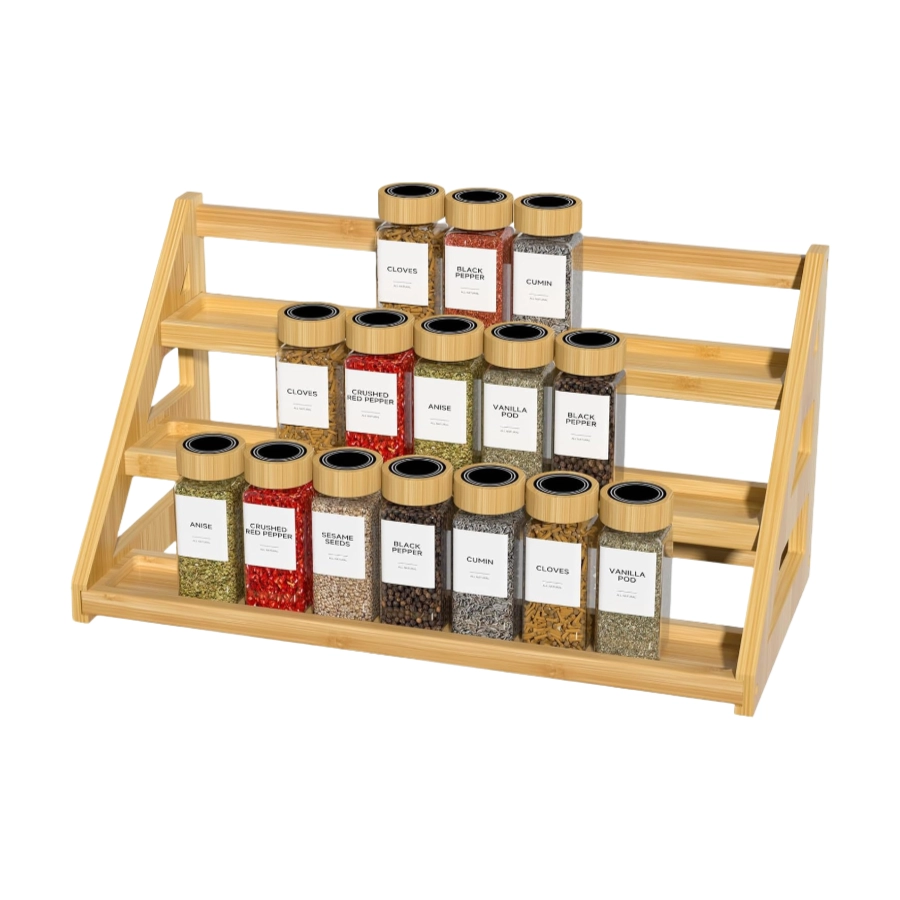 Custom Bamboo Tiered Rack Rack Kitchen เคาน์เตอร์เครื่องเทศ