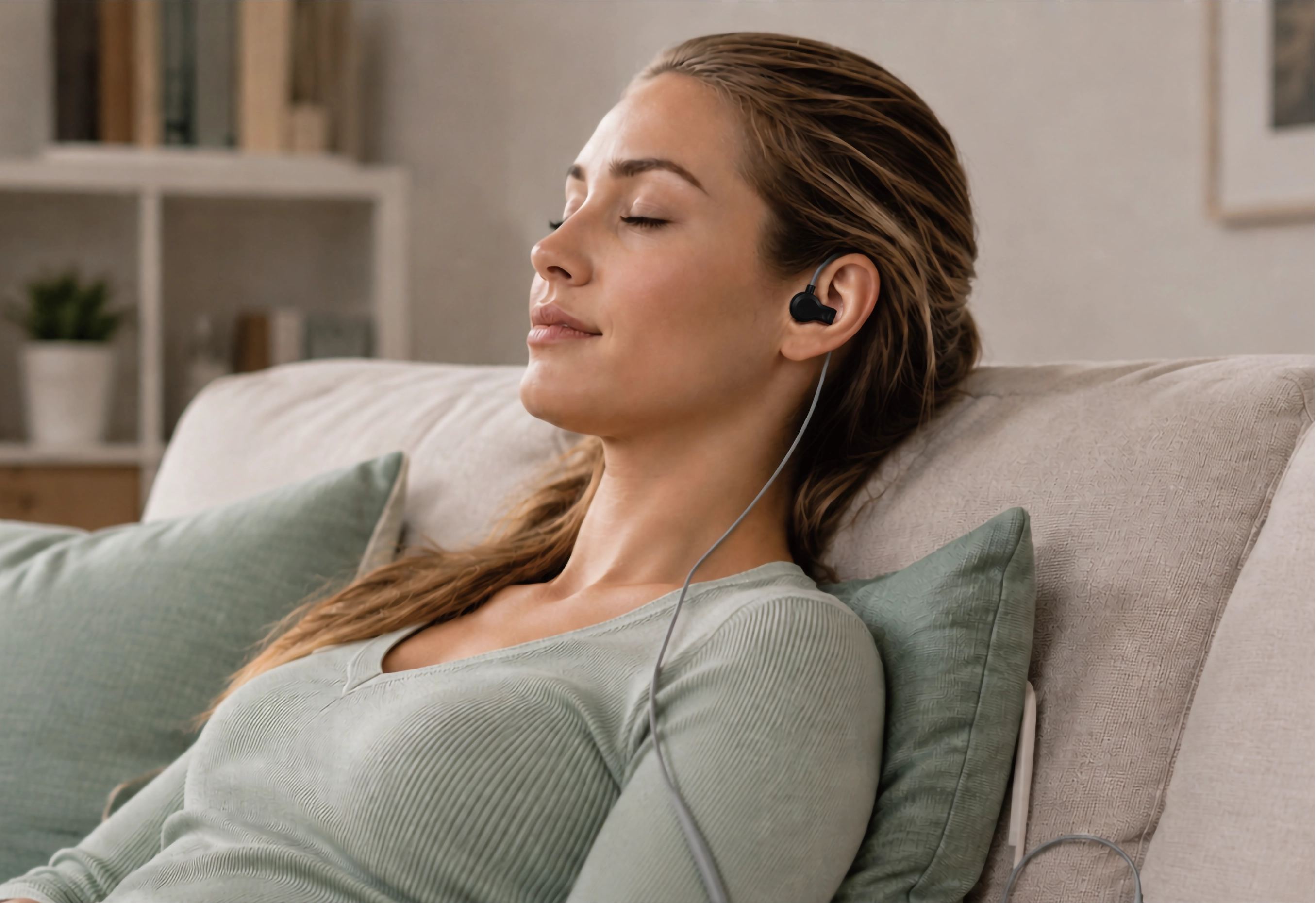 Mujer con electrodo de clip de silicona reutilizable para dispositivo de neuromodulación compatible