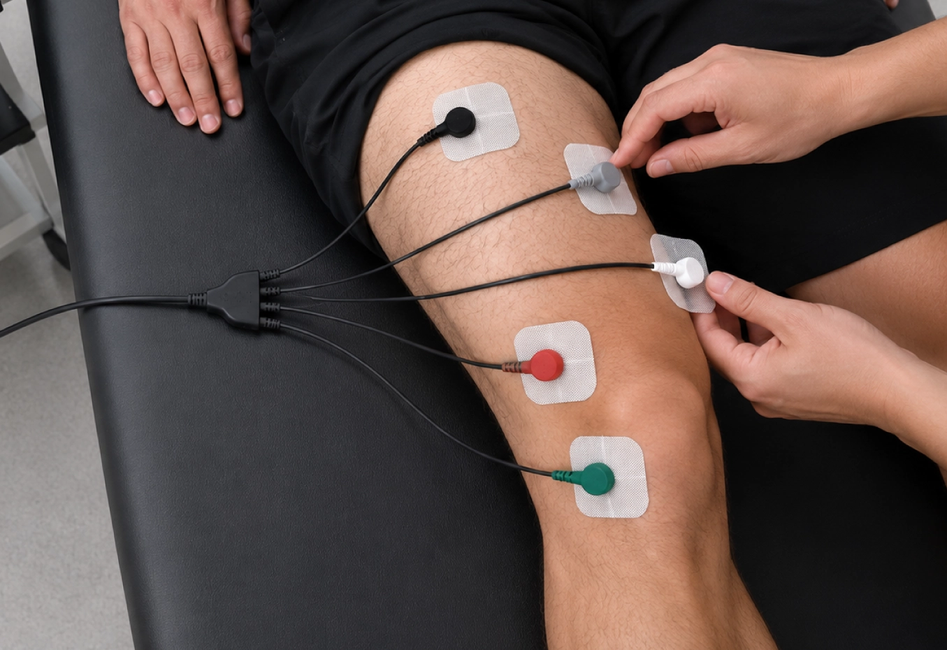 Fünf farbcodierte Schnappelektrodenkabel, die mit selbstklebenden Elektrodenpads am Bein verbunden sind