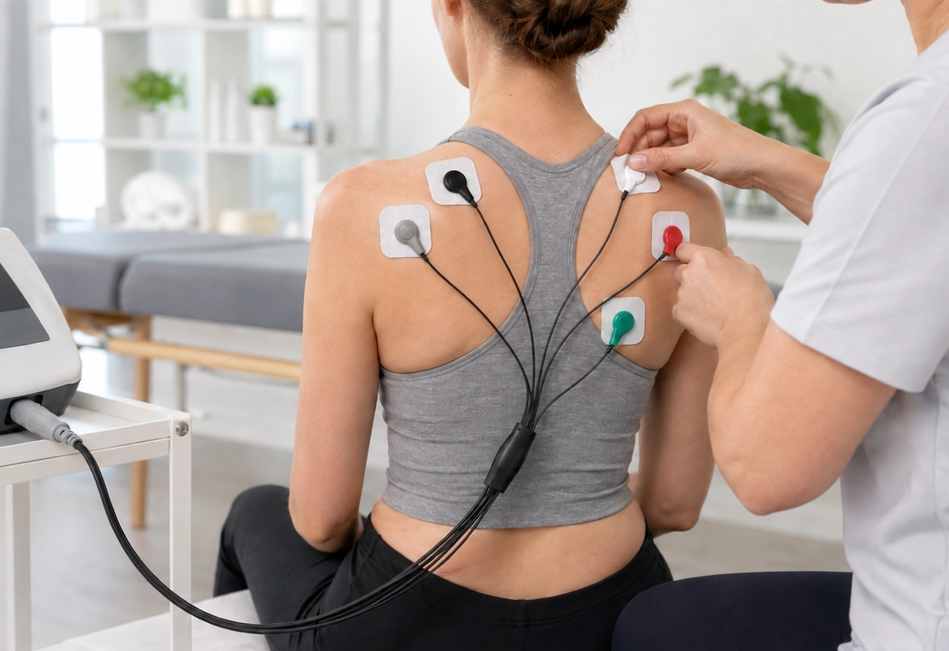 Fünfadriges 3,5-mm-Schnappelektrodenkabel, verbunden mit selbstklebenden Elektrodenpads am oberen Rücken
