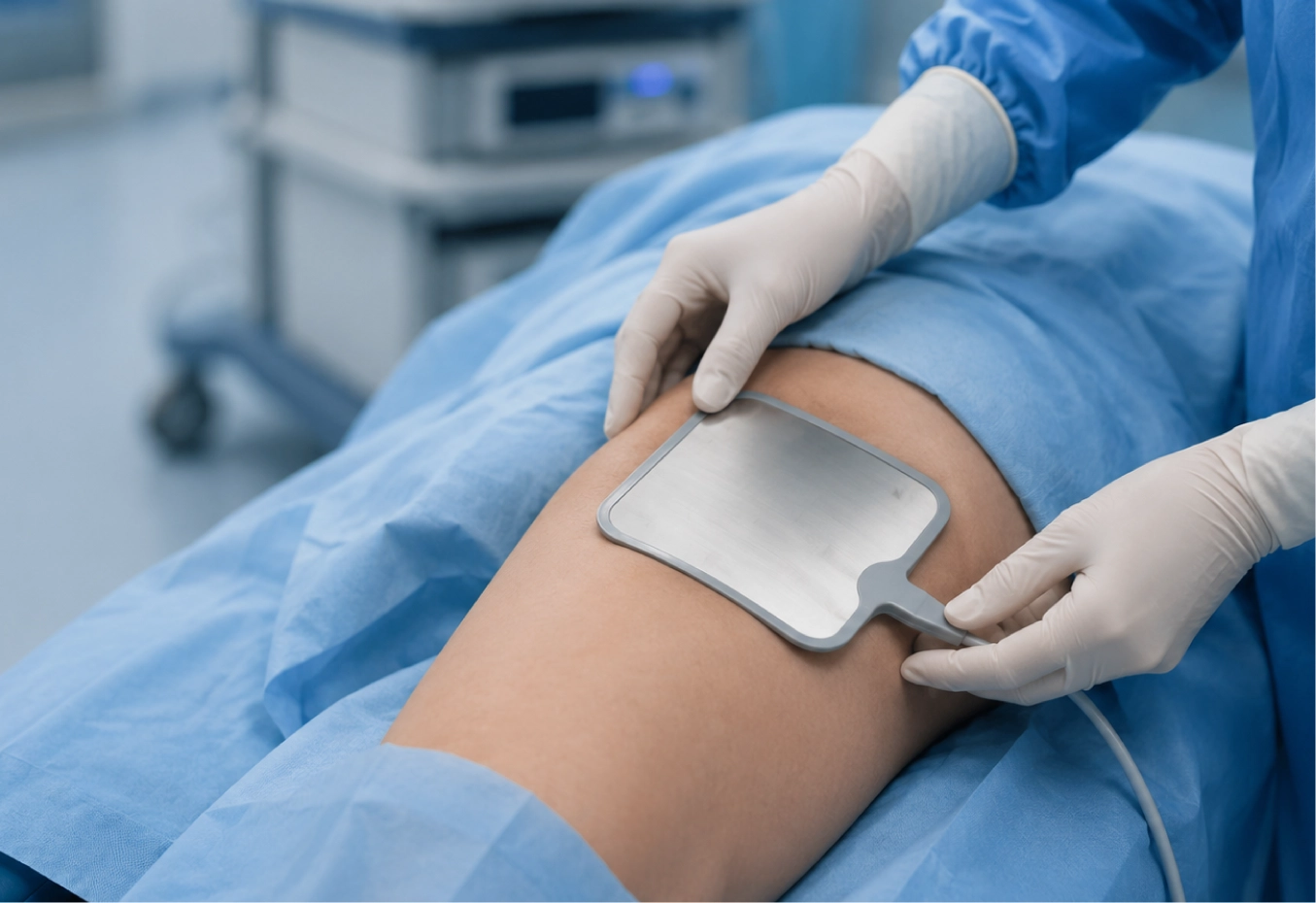 Beispiel für die Anwendung einer wiederverwendbaren Patienten-Gegenelektrode aus Edelstahl für kompatible elektrochirurgische Geräte