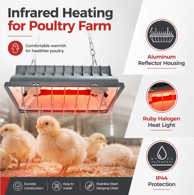 220V Infrared Heater Lamp Red Halogen Heat Light Aluminum Housing Dimmable IP44 Poultry Farm