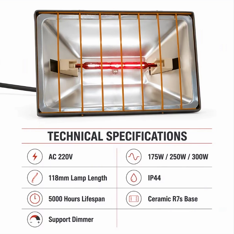 220V Infrared Heater Lamp Red Halogen Heat Light Aluminum Housing Dimmable IP44 Poultry Farm