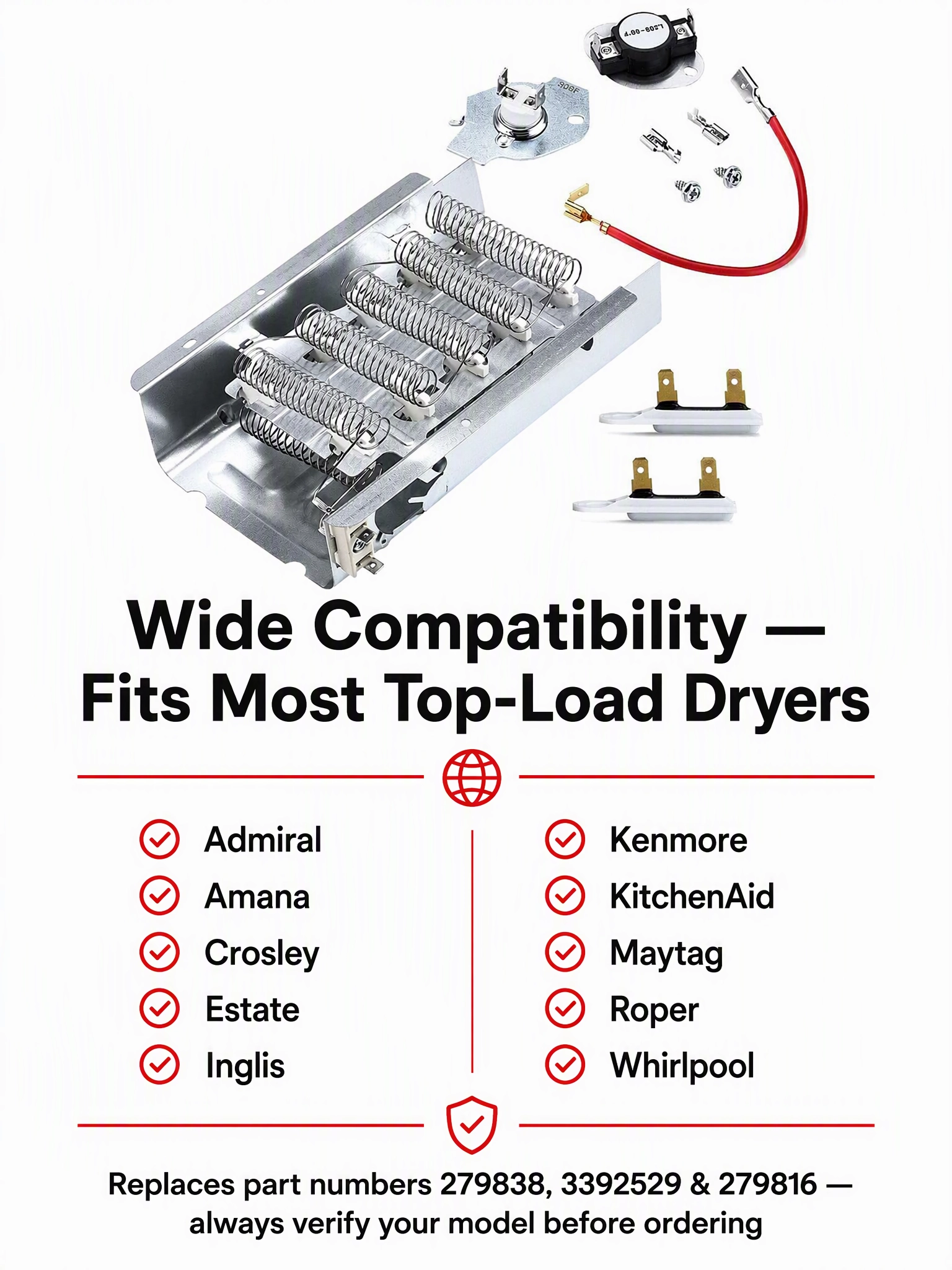 OEM Dryer Heating Element Repair Kit Thermal Fuse Thermostat (Part Numbers 279838 3392529 279816) for Whirlpool Maytag Dryers