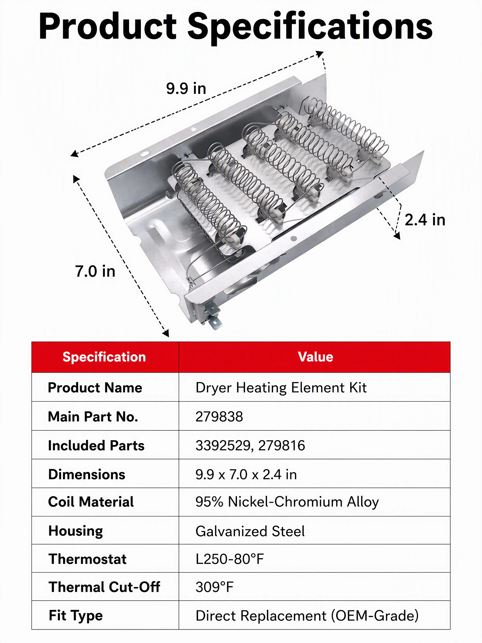 OEM Dryer Heating Element Repair Kit Thermal Fuse Thermostat (Part Numbers 279838 3392529 279816) for Whirlpool Maytag Dryers