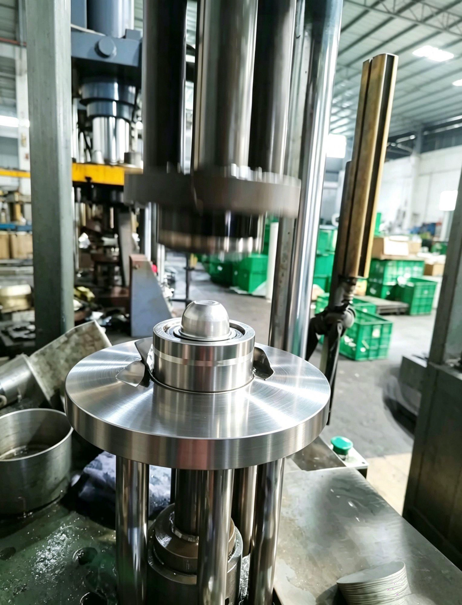 Worker using precision stamping machinery for manufacturing stainless steel jiggers in a modern, clean industrial facility