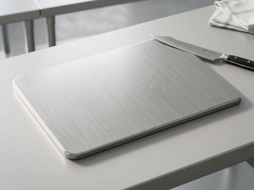 A heavy-duty stainless steel cutting board positioned on a metallic prep table, featuring rounded corners and a brushed finish, accompanied by a black-handled chef knife.