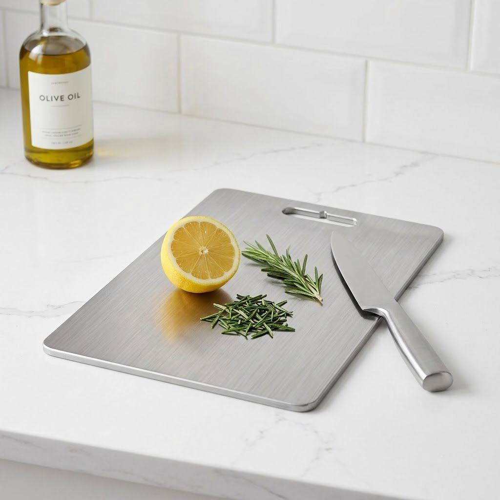 A brushed stainless steel cutting board placed on a white marble countertop, featuring an integrated handle, with a sliced lemon, fresh rosemary, and a silver kitchen knife on its surface.