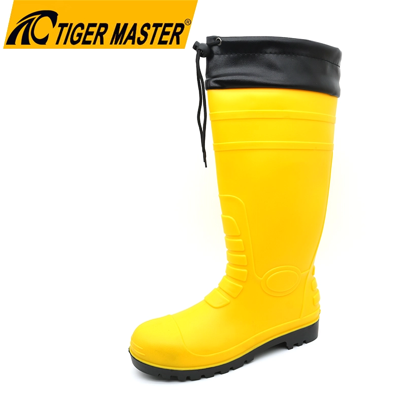 China GB12 Botas de chuva de segurança amarelas à prova d'água com biqueira de aço resistentes a ácidos e gola de PU fabricante GB12 Botas de chuva de segurança amarelas à prova d'água com biqueira de aço resistentes a ácidos e gola de PU